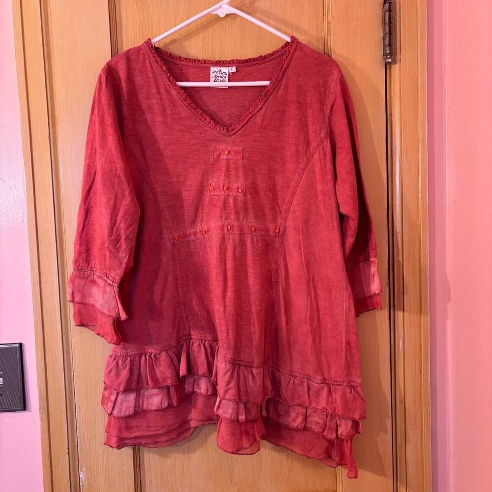 Parsley & Sage Ruffle Top in Terracotta Garment Dyed Cotton size Large